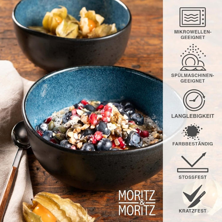 Moritz & Moritz ORGANIC Müslischalen Set 6-teilig Blau, Steingut Bowls im modernen Design, ca. 500 m