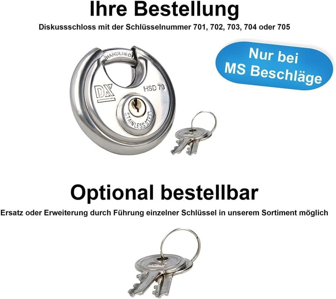 MS Beschläge Diskus-Vorhängeschloss Edelstahl 70mm | robustes rostfreies Bügelschloss mit Kneifschut