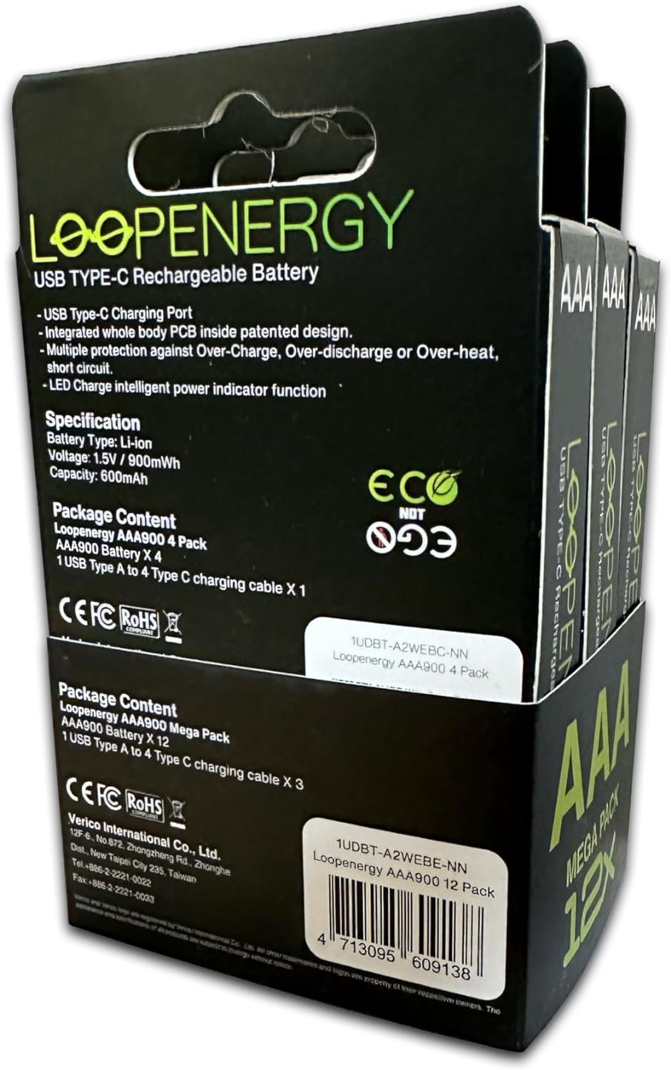 VERICO LoopEnergy AAA 900 Wiederaufladbare USB-C Batterie AAA 1,5V 900mWh (600mAh) Li-Ion, Schnellla