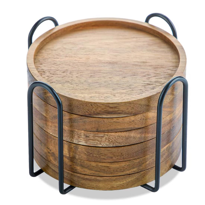 Untersetzer Gläser Holz 6er Set, Glasuntersetzer Holz mit Halter, Akazienholz Untersetzer Rund für G