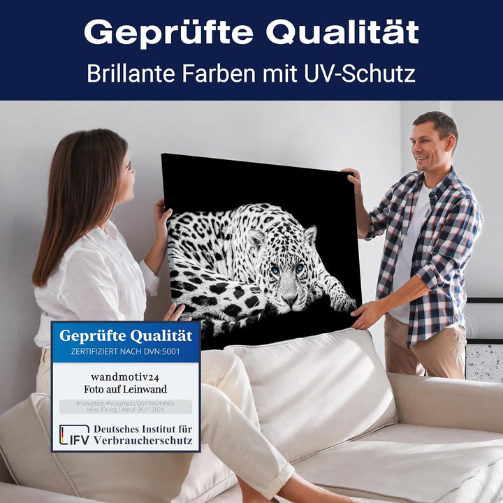 wandmotiv24 Leinwandbild Schwarz-Weiss 80x60cm, Querformat, Leopard, Deko, Bilder auf Leinwand, Wand