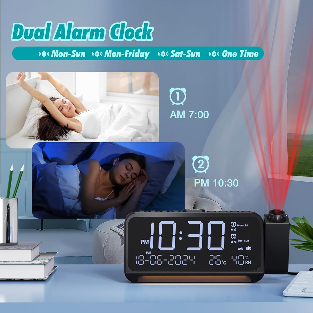 Mesqool Radiowecker mit 320° Projektor, Digitaluhr für Schlafzimmer, USB/Type-C-Anschluss, Doppelala