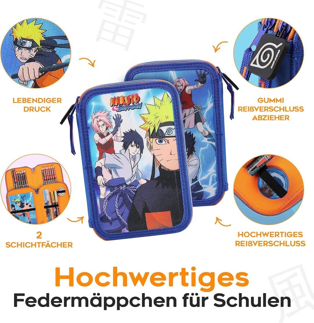 Naruto Federmäppchen, Anime-Fan Mäppchen mit Kompletten Schulsachen, Leichtes Zweifachfach Schulmäpp