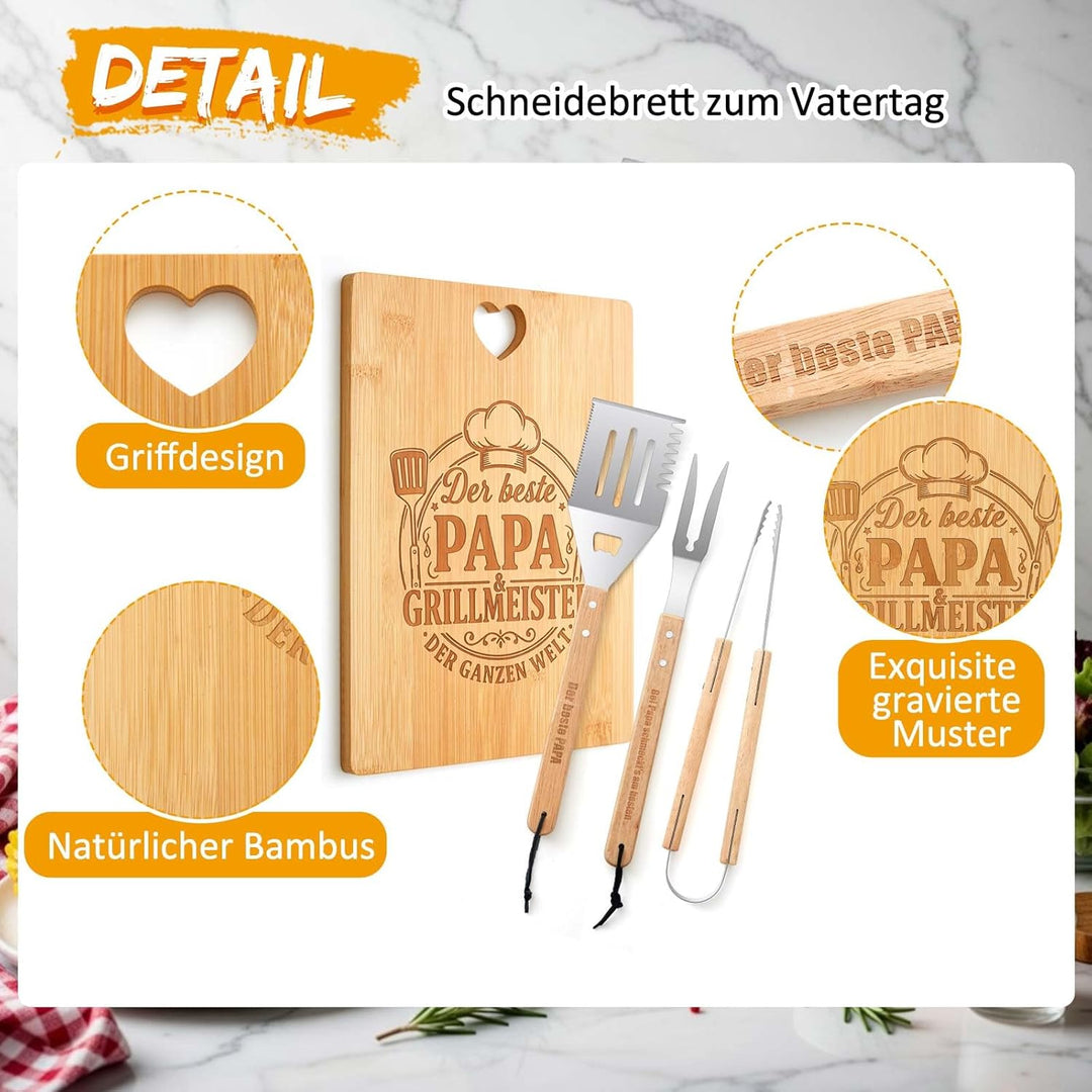 Papa Geschenk 5 Stück Grillset inklusive Graviertes Bambus Schneidebrett und Grillbesteck Set mit Au