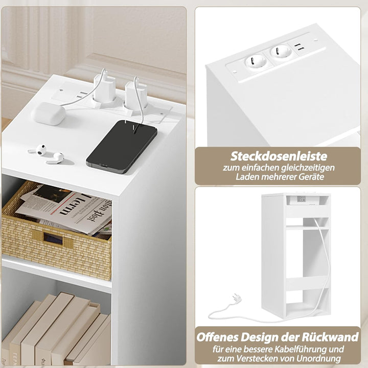 WOLTU 2er Set Nachttisch mit Ladefunktion, schmaler Kleiner Beistelltisch mit 2 Steckdosen 2 USB-Ans