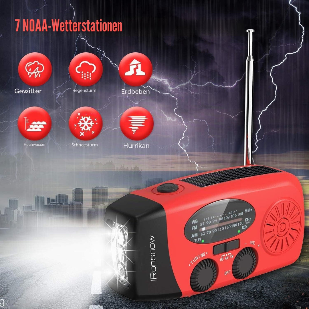 iRonsnow Notfall-Solarradio, Tragbare Kurbelradio mit LED-Taschenlampe, SOS-Alarm, AM/FM/WB Solar No