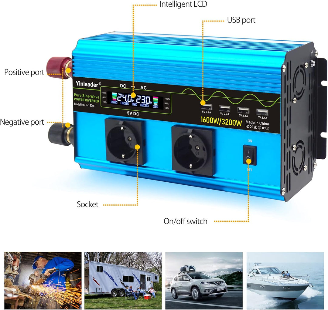 Yinleader Wechselrichter 24V 230V 1600W / 3200W Spannungswandler Reiner Sinus Wechselrichter mit 2 S
