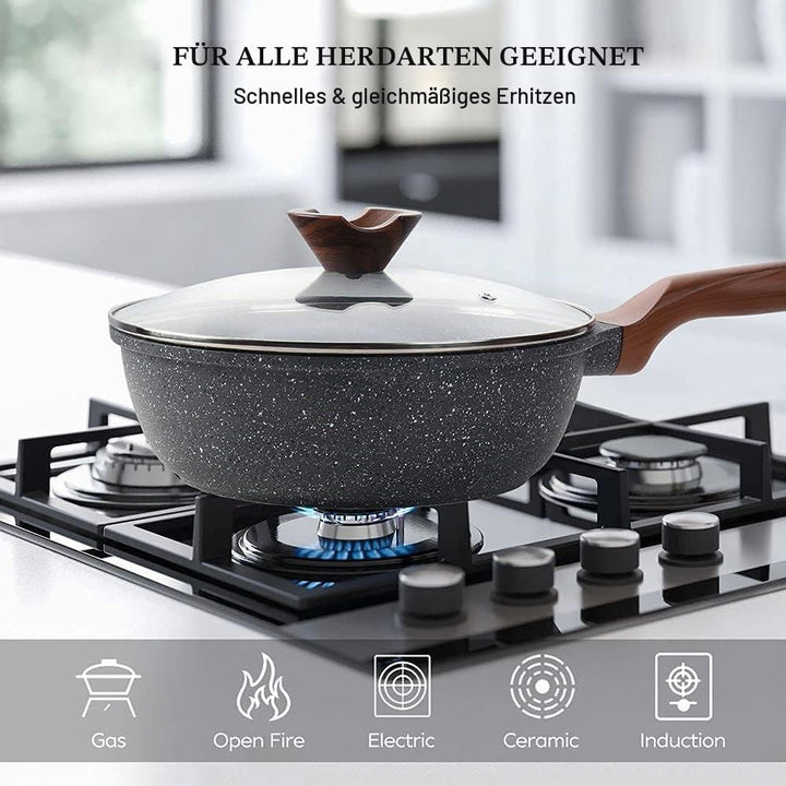 RIOVARM 28cm Tiefe Pfanne Hochrandpfanne, Induktion Antihaft Bratpfanne mit Deckel, Granit beschicht