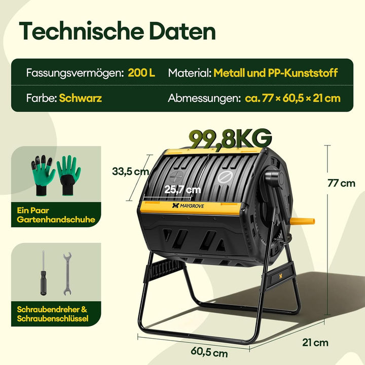 Komposter Garten 200L Schnellkomposter mit 2 Grossen Kammern und Schiebetüren Trommelkomposter 360°-