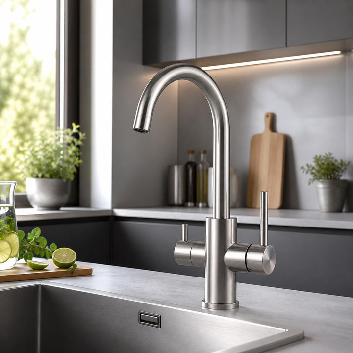 AORA® VANTO INOX 3 Wege Wasserhahn Küche aus massivem Edelstahl 304 – Küchenarmatur Hochdruck für Wa