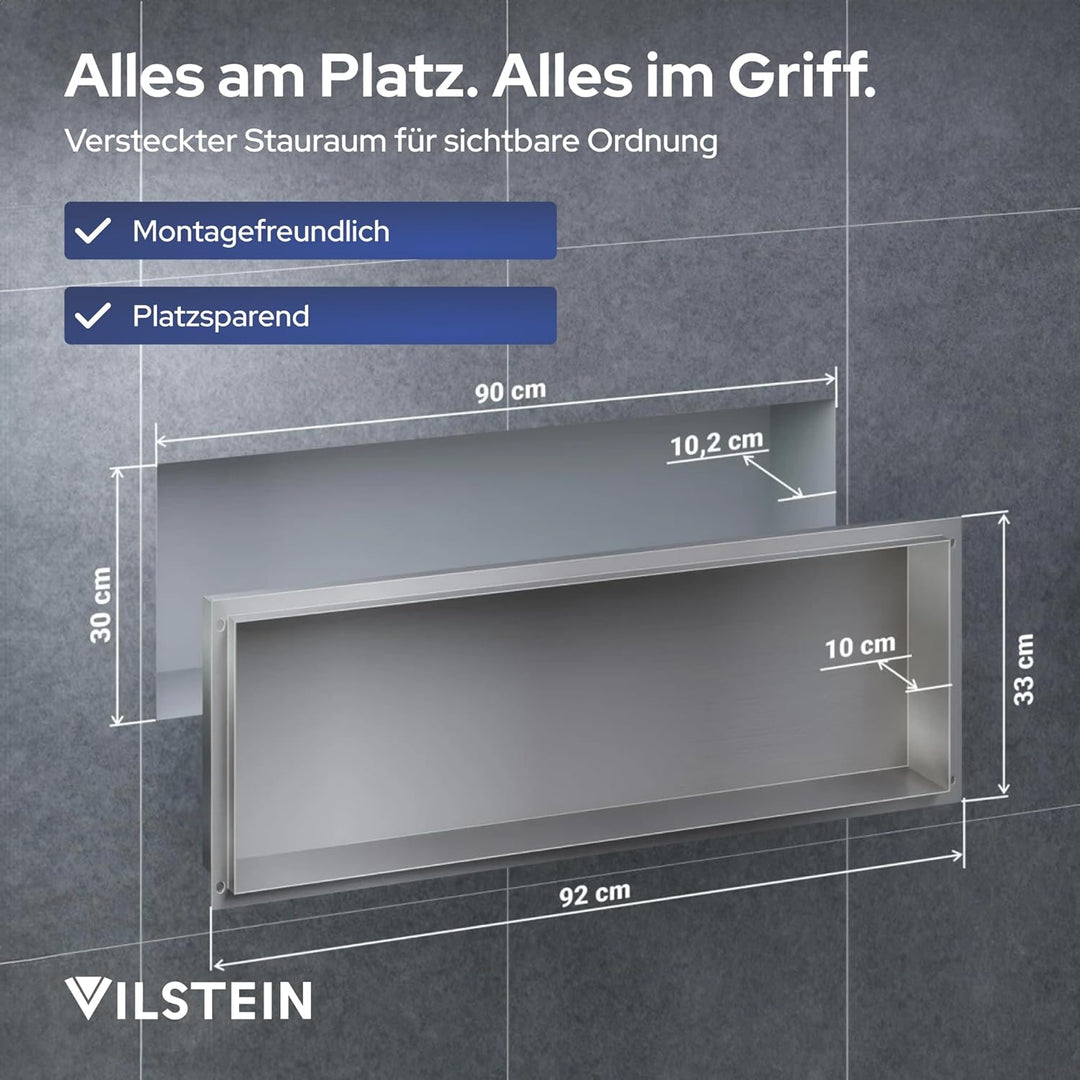 VILSTEIN Wandnische Dusche 30x90 cm [ROSTFREI] - Randlose Nische - Wandnische Silber - Einbauregal f