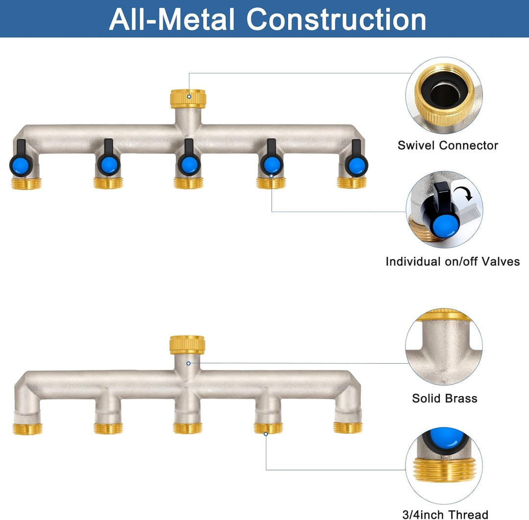 5-Wege Wasserhahn Wasserverteiler aus Messing für 5 Geräte/Gartenschläuche, 5er Verteiler 3/4" Adapt