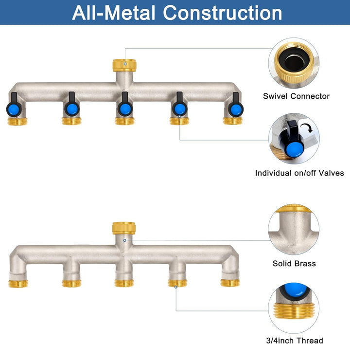 5-Wege Wasserhahn Wasserverteiler aus Messing für 5 Geräte/Gartenschläuche, 5er Verteiler 3/4" Adapt
