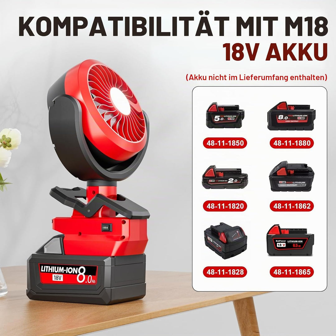 Tragbarer Akku-Clip-Ventilator kompatibel mit Milwaukee M18 18V (ohne Batterie) mit LED Leuchten für