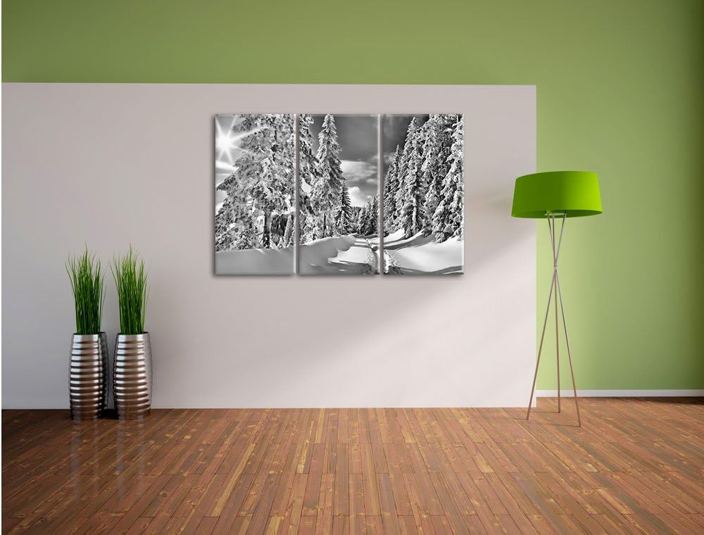 Pixxprint Monocrome, Winterlandschaft Bäume 3-Teiler Leinwandbild 120x80 Bild auf Leinwand