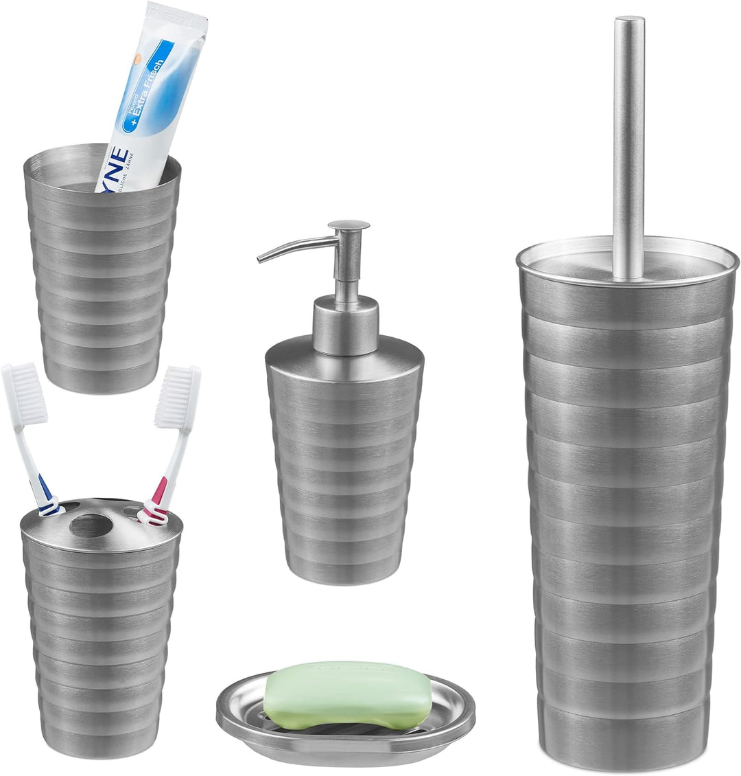 Relaxdays Badezimmer Set, 5-teilig, Badaccessoires Edelstahl gebürstet, komplette Badezimmerausstatt