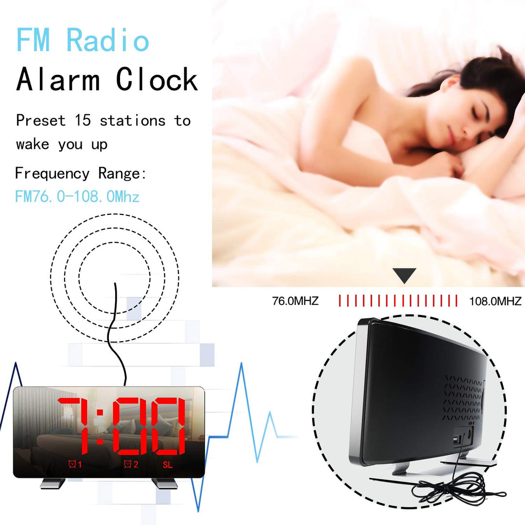 ThreeH Radio-Digitaluhr mit USB-Telefonladegerät 7,3'' LED Curved-Screen-Display mit Dimmer 2 Wecker