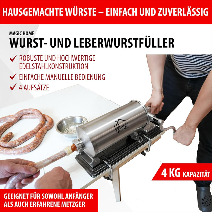 MAGIC HOME Wurstfüller aus Edelstahl | 3l / 4kg | Manuell, Horizontal | Hochwertige Wurstfüllmaschin