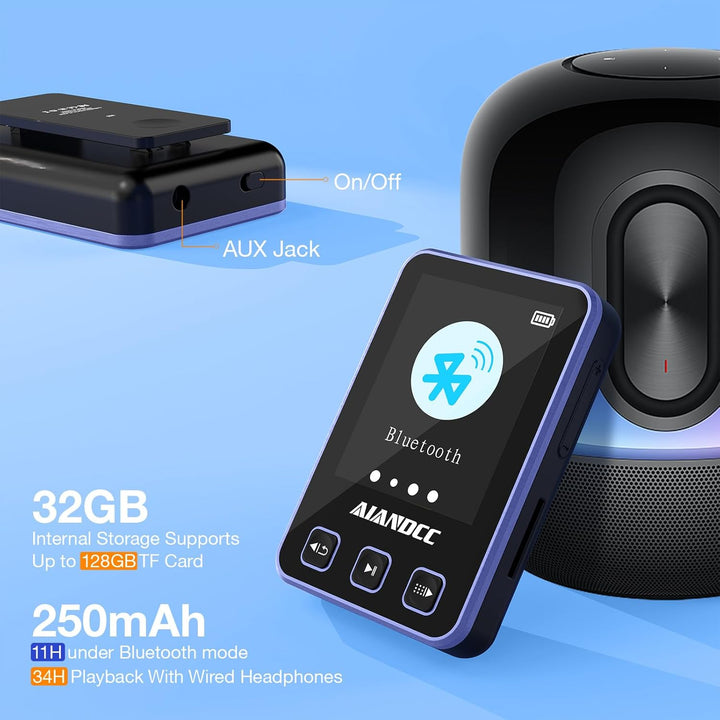 MP3 Player Bluetooth 5.3 mit Sport Clip und Sportarmband, mp3-player mit 1,77 Zoll TFT Farbbildschir