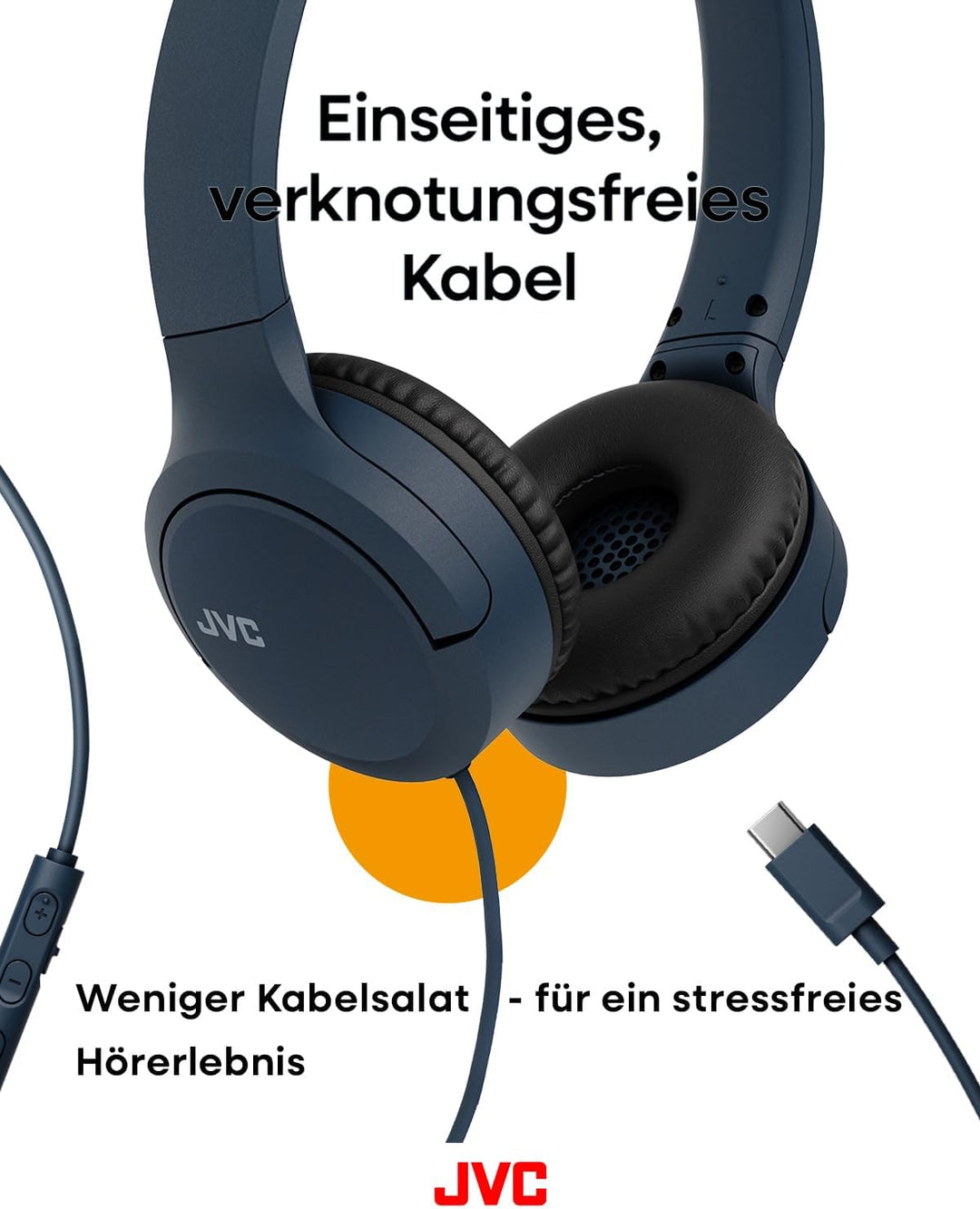 JVC HA-S33UC-A USB-C On-Ear-Kopfhörer, weiche Ohrpolster, faltbar, mit Mikrofon & 3-Tasten-Fernbedie