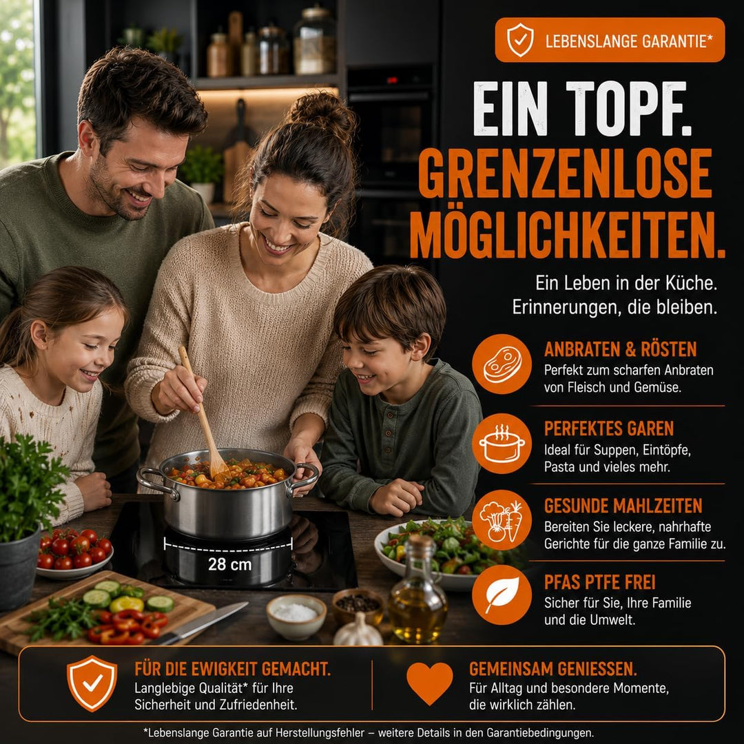 Royal Swiss 28 cm Edelstahl Kochtopf mit Glasdeckel – Honeycomb Antihaft-Kochtopf, PFOA-frei, langle