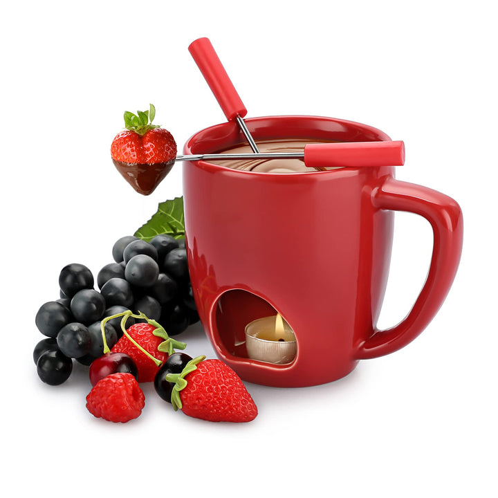 Keramik-Schokofondue-Becher-Set Roter Schokoladenschmelz-Becher mit Doppelter Öffnung Käsefonduetopf