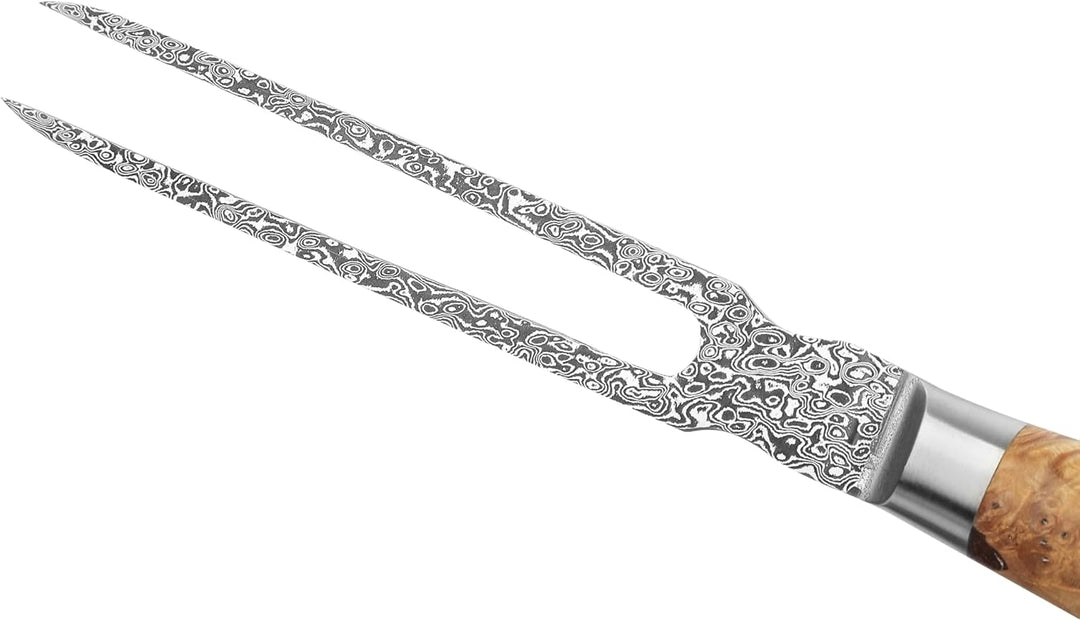 zayiko Kinone Damast Tranchiergabel - 18 cm, 67 Lagen echter schwarzer Damaststahl, Birkenwurzelholz