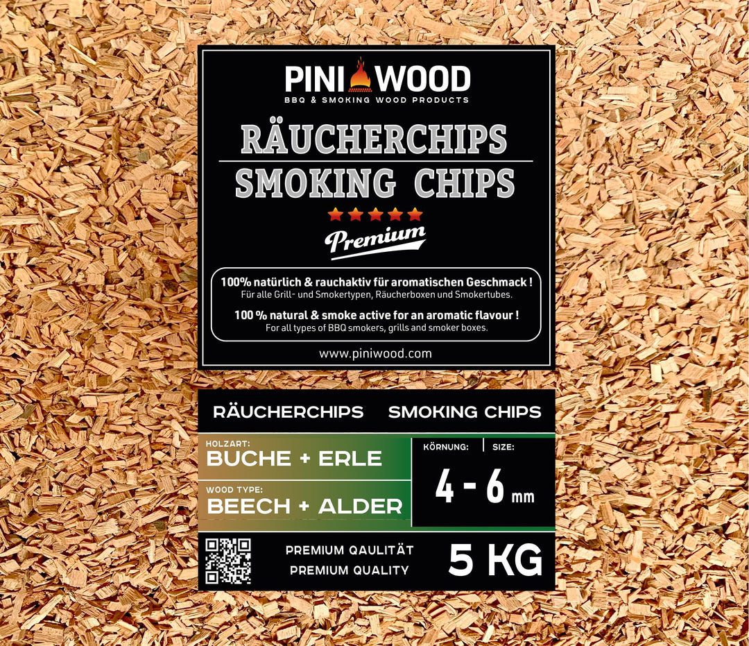PINI 5 Kg Räucherchips Buche und Erle gemischt 4-6 mm Smoking Chips Räucherspäne 18 Liter