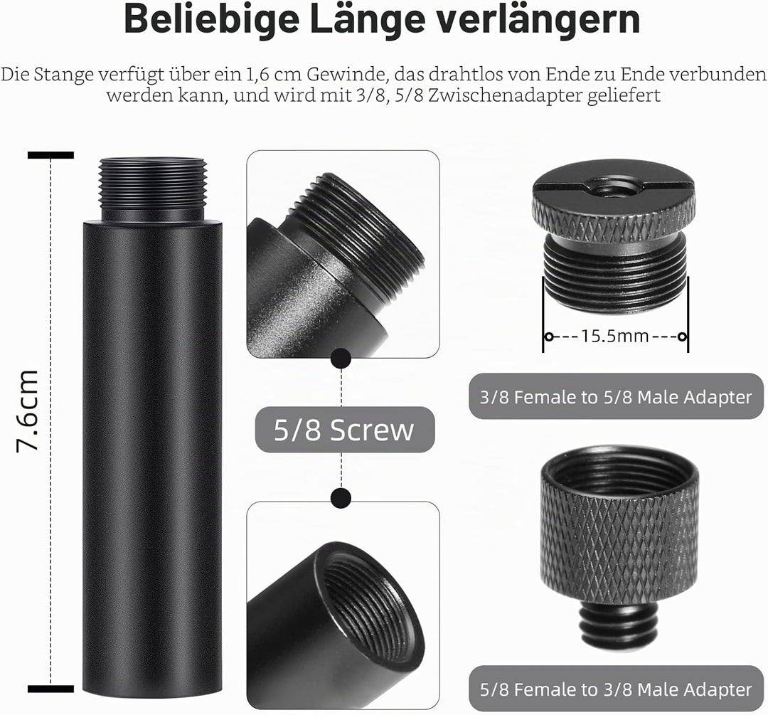 4 Mikrofonverlängerungsrohre und 4 Mikrofongewindeadapter (3/8 Buchse auf 5/8 Stecker und 5/8 Buchse