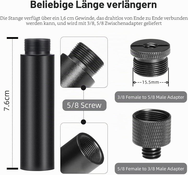 4 Mikrofonverlängerungsrohre und 4 Mikrofongewindeadapter (3/8 Buchse auf 5/8 Stecker und 5/8 Buchse