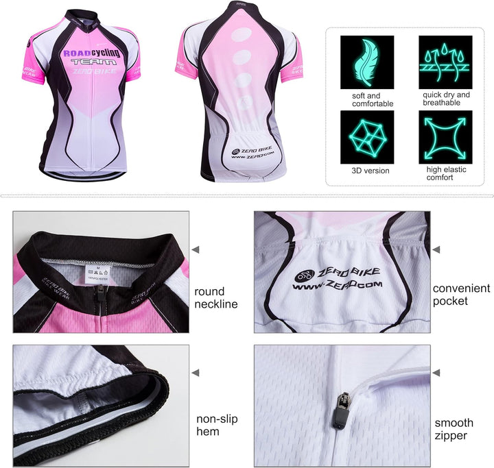 Damen Atmungsaktiv Schnelltrocknend Fahrradtrikot Set, Outdoor Kurzarm Radsport-Shirt + 3D Gel Gepol