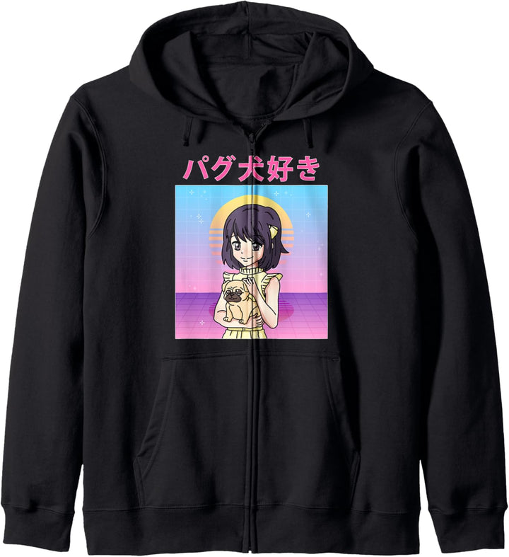 Japanese Anime Girl with Pug, Dog Lover Kapuzenjacke