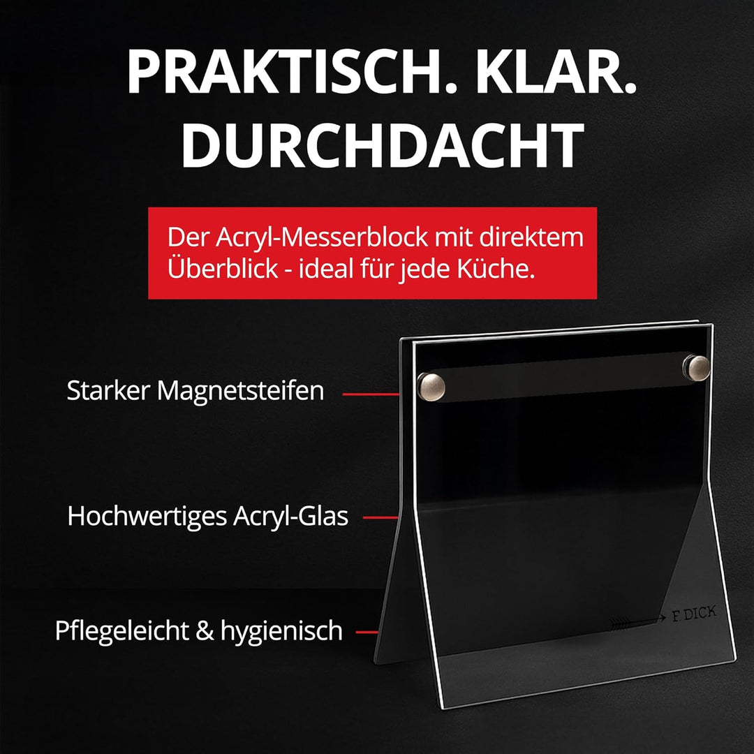 F.Dick Superior Messerblock im Acryl - Magnetblock – 4-teilig mit Kochmesser, Santoku, Brotmesser &