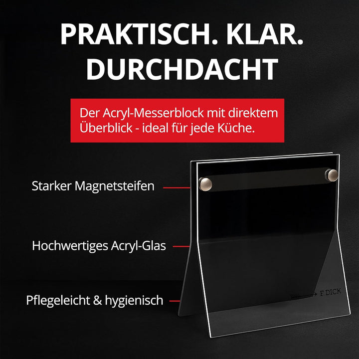 F.Dick Superior Messerblock im Acryl - Magnetblock – 4-teilig mit Kochmesser, Santoku, Brotmesser &
