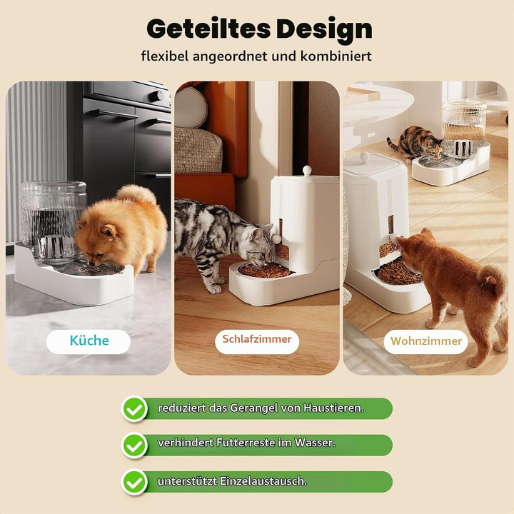 JUNSPOW Automatischer Katzenfutterspender Hund Wassernapfspender Set mit Edelstahlnapf, Einstellbare