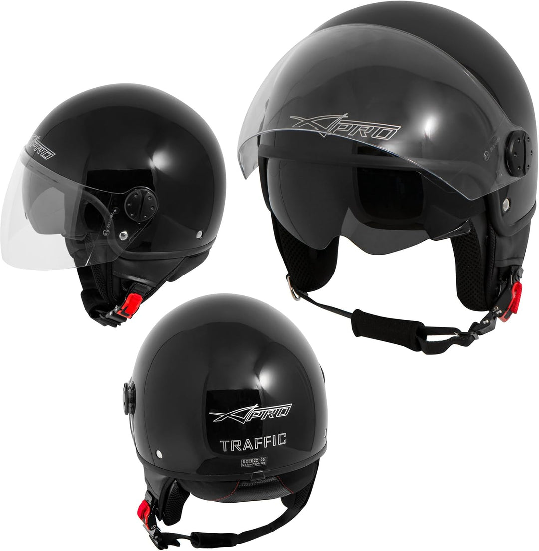 A-Pro Motorradhelm Motorrad Roller Jet Helm Innensonnenblende Viser Schwarz 2XL, 61 cm (XXL) Schwarz