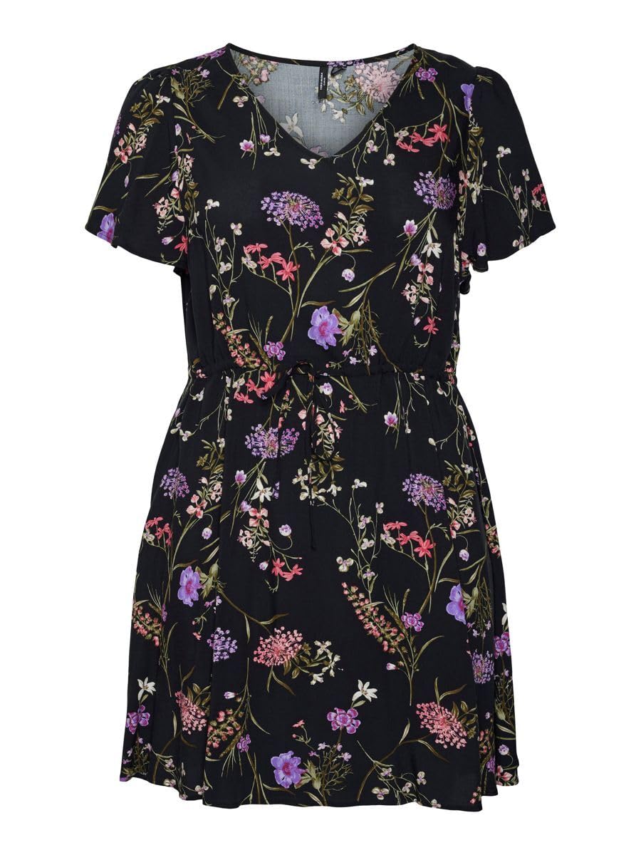 VERO MODA Damen Viskose Kleid VMEasy V-Neck Kurzarm Sommerkleid S Black/Aop:mille, S Black/Aop:mille