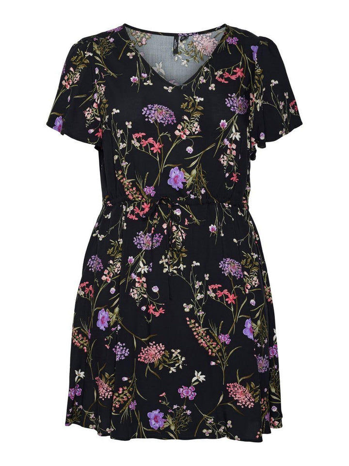 VERO MODA Damen Viskose Kleid VMEasy V-Neck Kurzarm Sommerkleid S Black/Aop:mille, S Black/Aop:mille