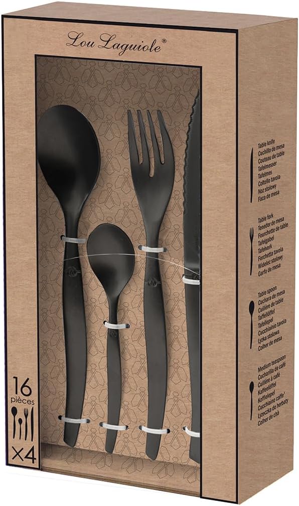 Lou Laguiole JET Steakbesteck Set JET – Besteck Set für 4 Personen | 16-teilig | Schwarz | PVD Beste