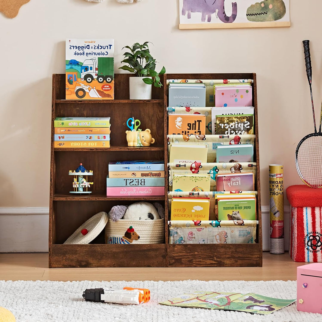 Kinder Bücherregal mit 5 Bücherdisplays und 4 Ablagefächer, Gross Braun Kinderregal Büchergestell fü