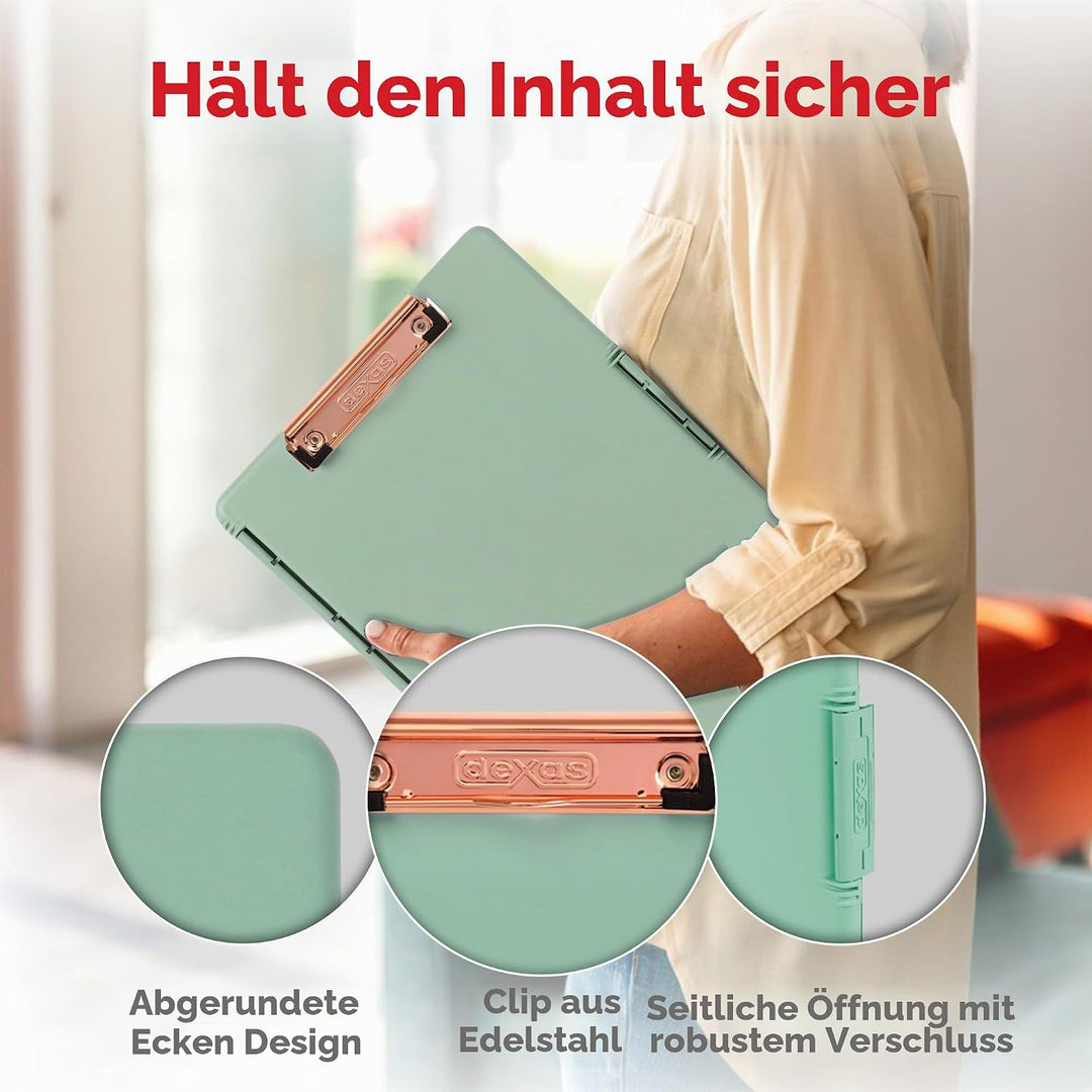 Dexas Slimcase 2 Klemmbrett mit seitlicher Ã–ffnung, 31,8 x 24,1 cm, Meeresschaumgrün mit roségolden