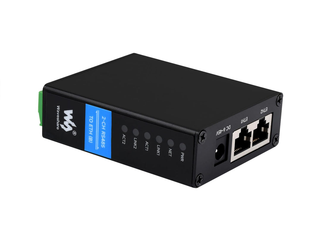 Waveshare 2-CH RS485 to RJ45 Ethernet Converter Module, Industrial Rail-Mount Isolated Serial Server