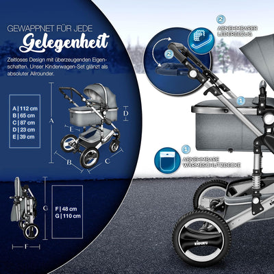 KIDUKU® 3 in 1 Kinderwagen XXL Komplettset | Kombikinderwagen Set inkl. Babywanne Buggy Sportsitz &