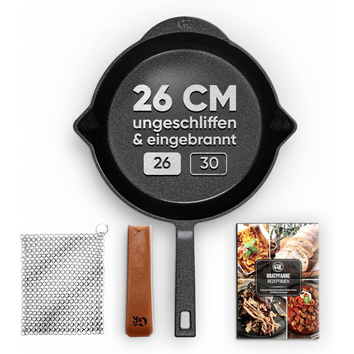 Ungeschliffenes Gusseisenpfanne 26cm–Eingebrannte Pfanne Gusseisen Induktion–Gusspfanne, Steakpfanne