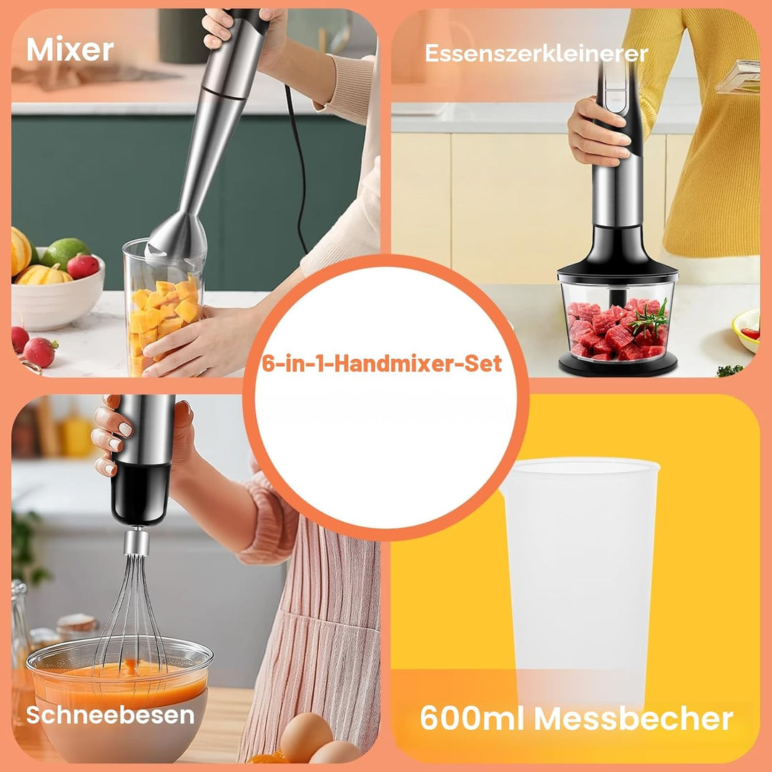 NWOUIIAY Handmixer Stabmixer Elektrischer 6-in-1 1200W Edelstahl Pürierstab mit 600ml Messbecher,Ede