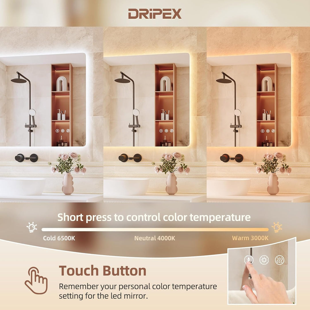 Dripex Badezimmerspiegel Led Badspiegel, Rechteckig, Touch-Schalter, Dimmbar, 3 Lichtfarbe Einstellb