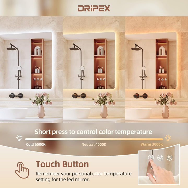 Dripex Badezimmerspiegel Led Badspiegel, Rechteckig, Touch-Schalter, Dimmbar, 3 Lichtfarbe Einstellb