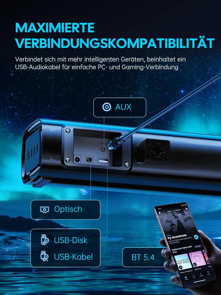 MEVOSTO Soundbar für TV Geräte PC Gaming Soundbar Mini 60W 2.1CH Integrierte Subwoofer Lautsprecher