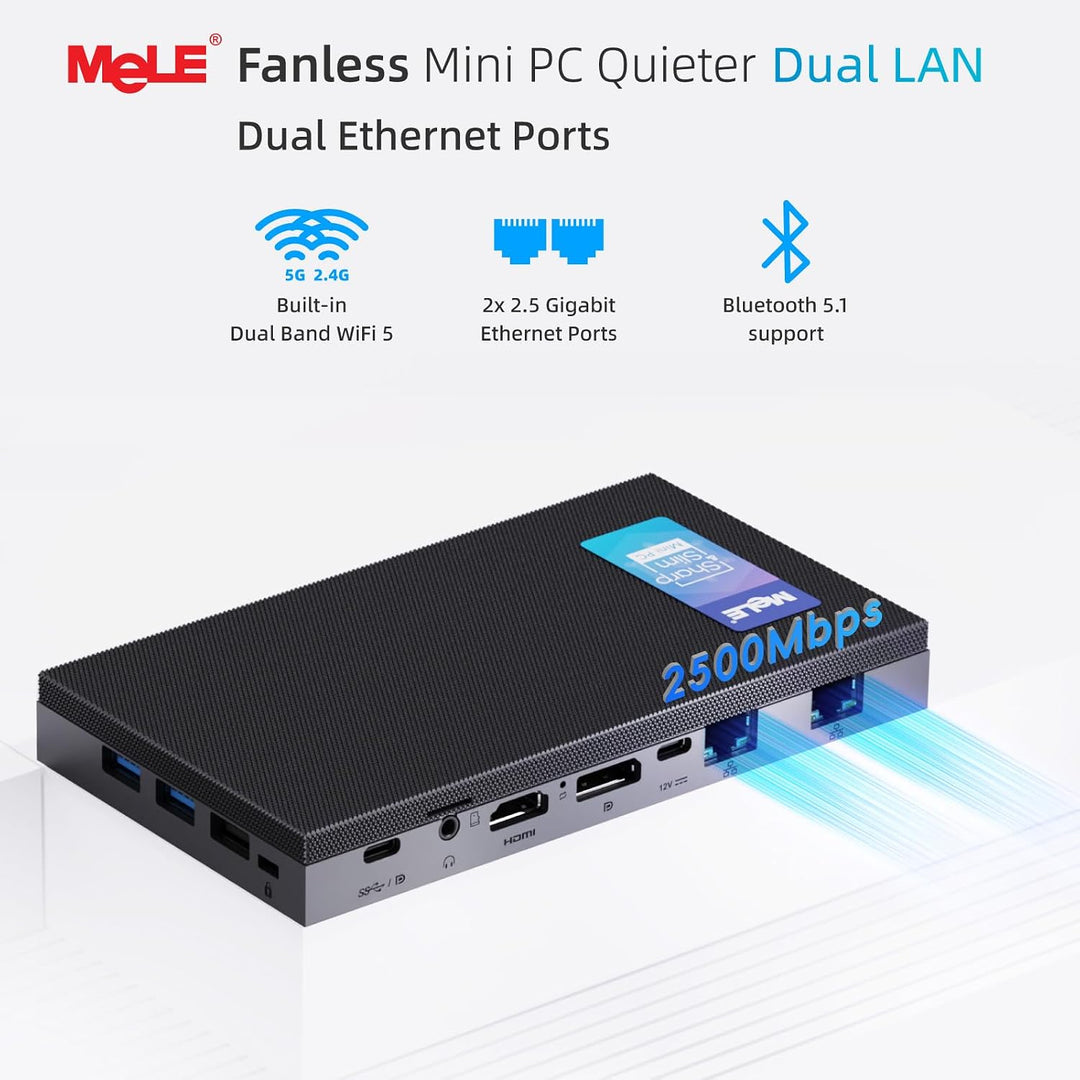 MeLE QuieterDL Lüfterloser Mini PC 2.5Gb Dual LAN Alder Lake N100(bis zu 3.4GHz) 8GB DDR4 256GB ROM