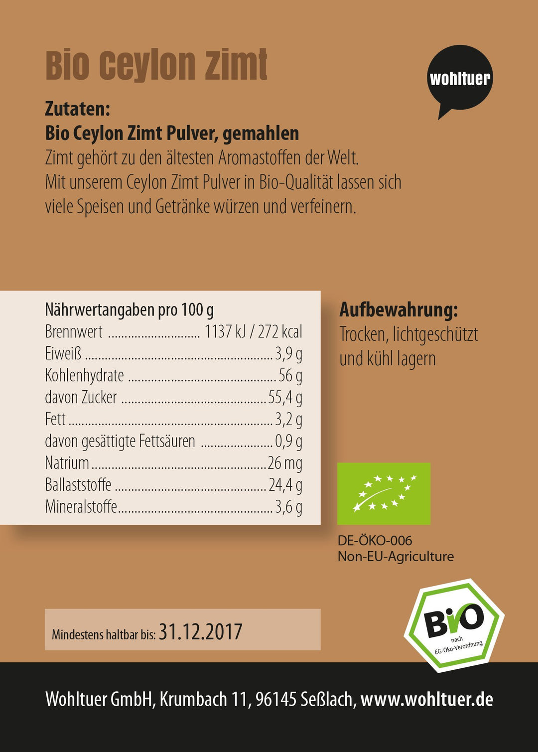 Wohltuer BIO Ceylon Zimt gemahlen – Zimtpulver I LECKER UND GESUND I 100% reines Naturprodukt (600 g